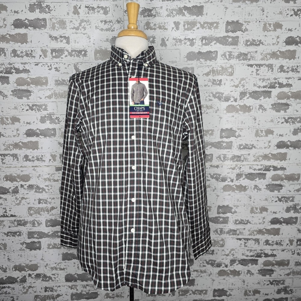 NEW Chaps Mens Black Plaid Easy Care Flex Shirt Button Down Long Sleeve Medium